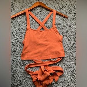 SHEIN orange cropped strap/wrap top, size small
